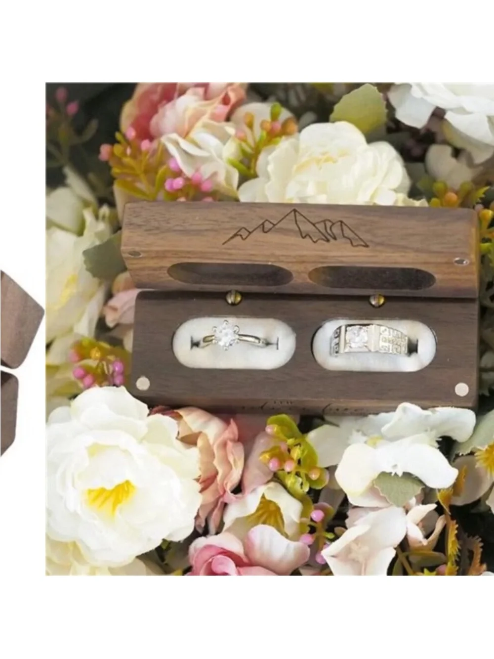 Engraved Flip Wooden 2 Ring box for wedding -Rustic Vintage Solid Wood rectangle